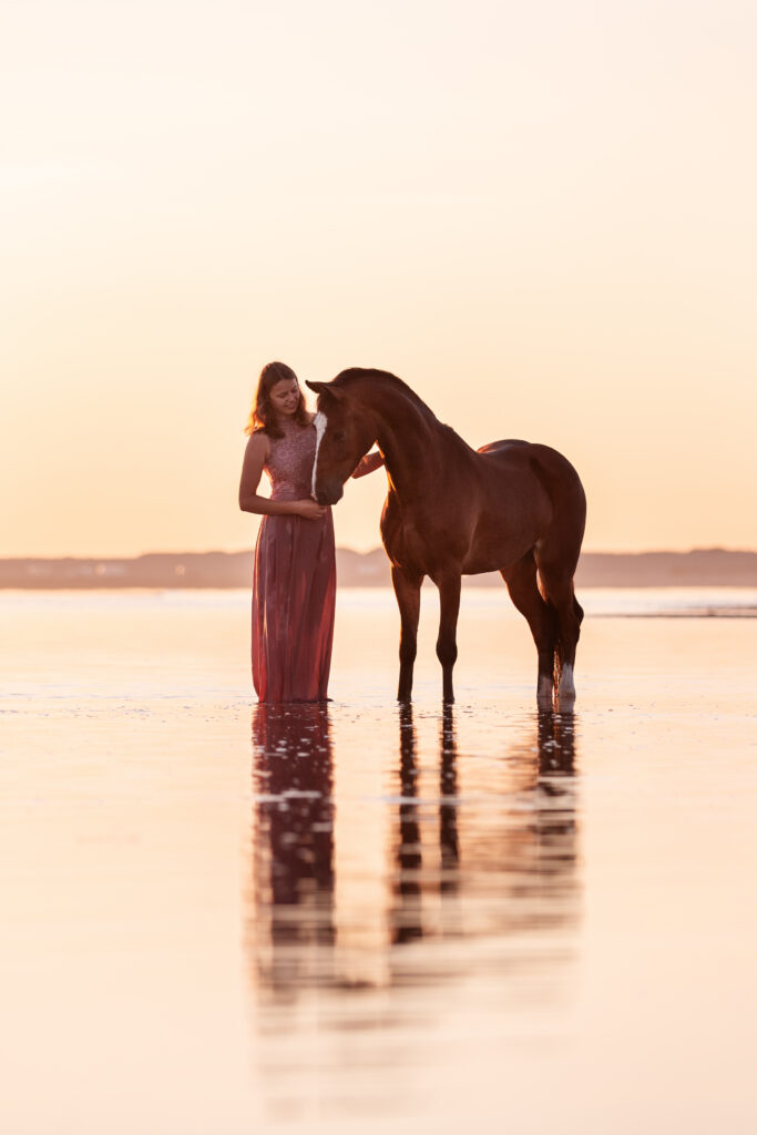 Frau mit Pferd spiegelt sich im Wasser bei Strandfotoshooting in Renesse mit Coralie Duda Fotografie