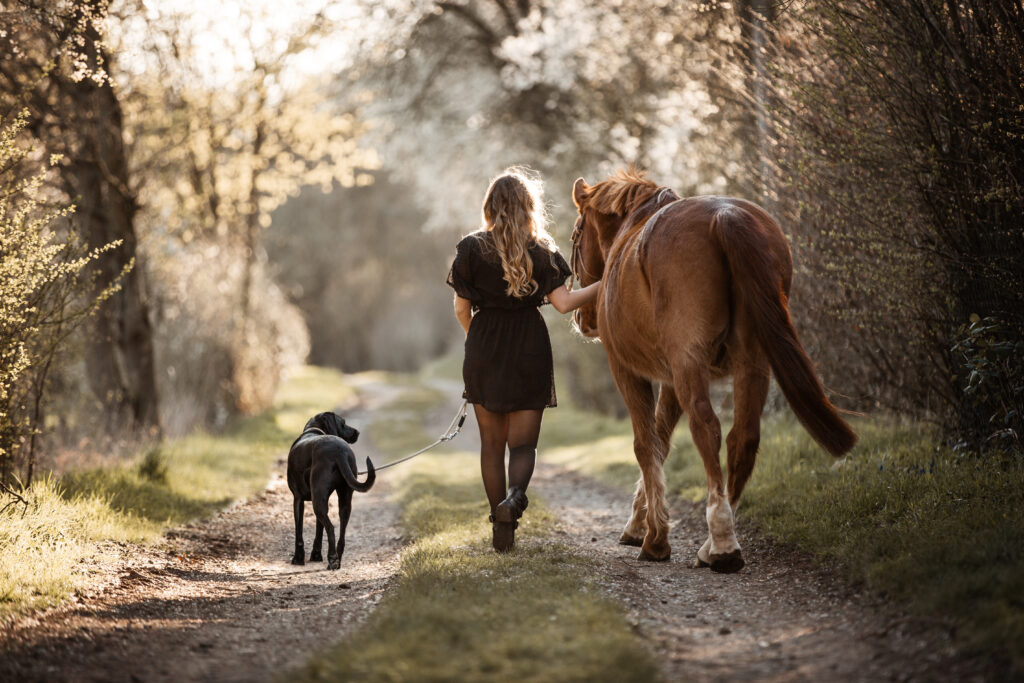 Frau mit Pferd und Hund bei Tierfotoshooting mit Coralie Duda Fotografie im Frühling